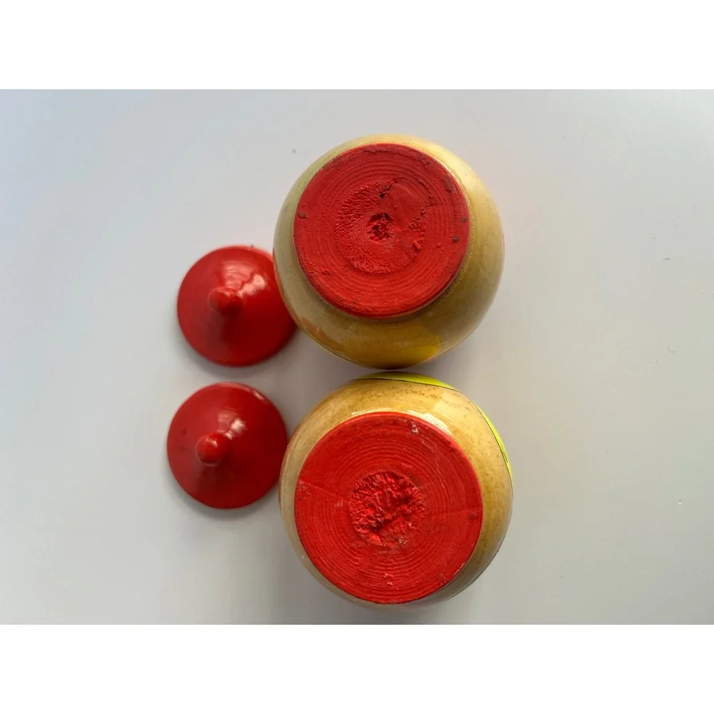 Vintage Hand Painted Wooden Fruit Canisters Set of 2 Red Lids Folk Art Jars